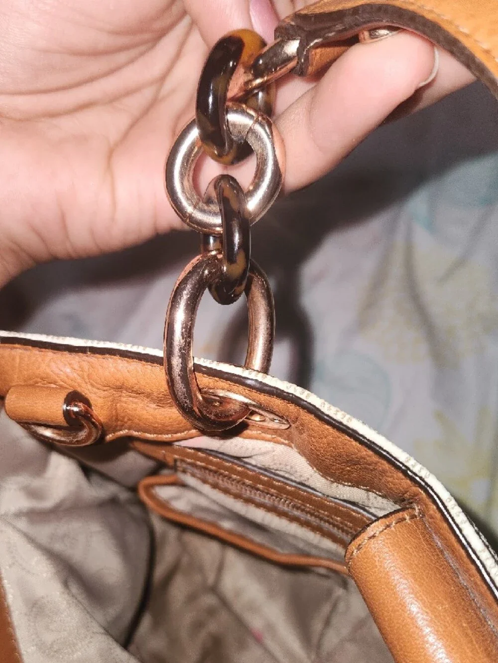 Michael Kors Cream Logo Tote with Brown Handles and Rose Gold Accents - Picture 5 of 9